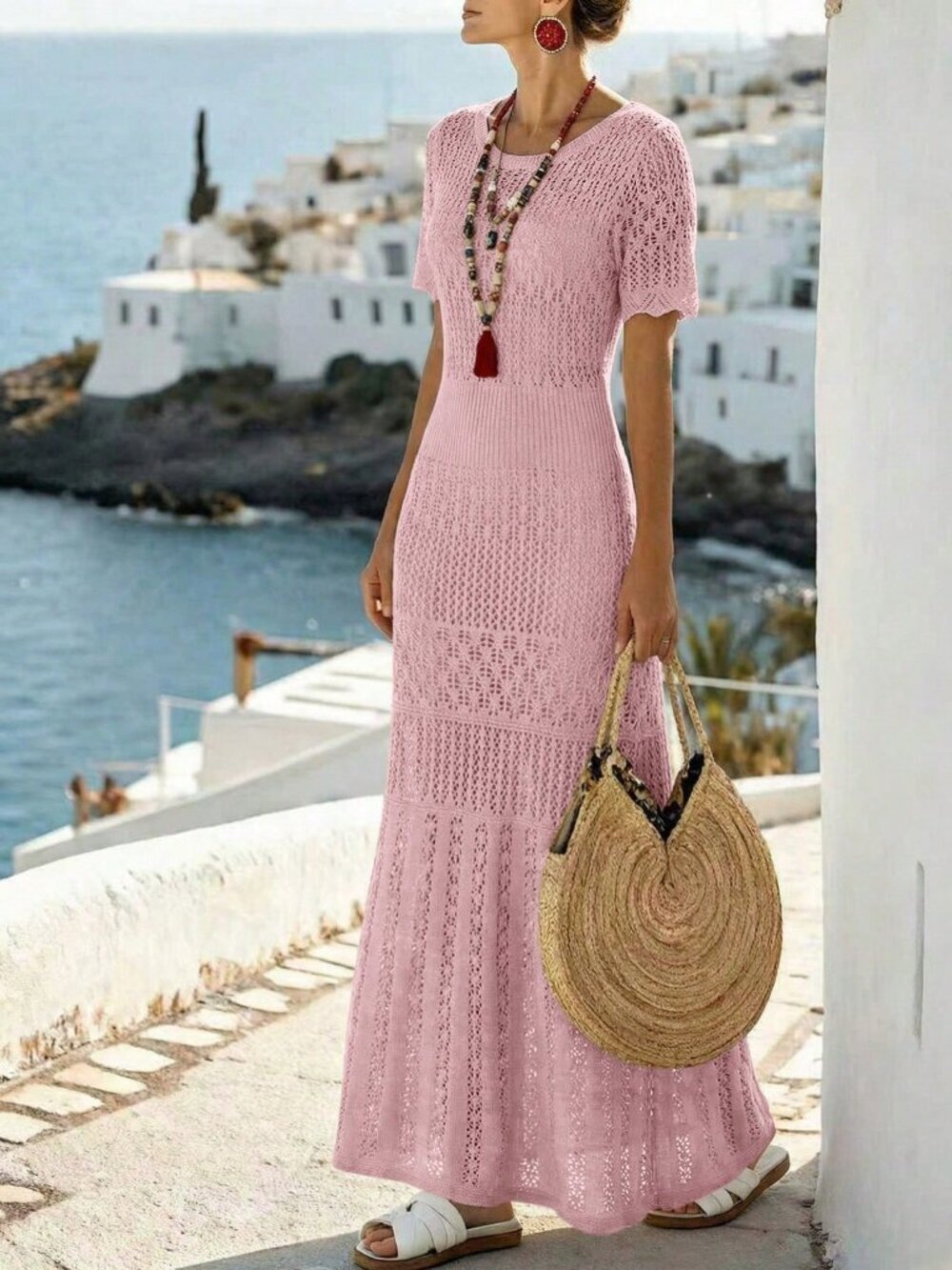 Coral Pink Cute Women's Fitted Waist Knitted Sweater Dress